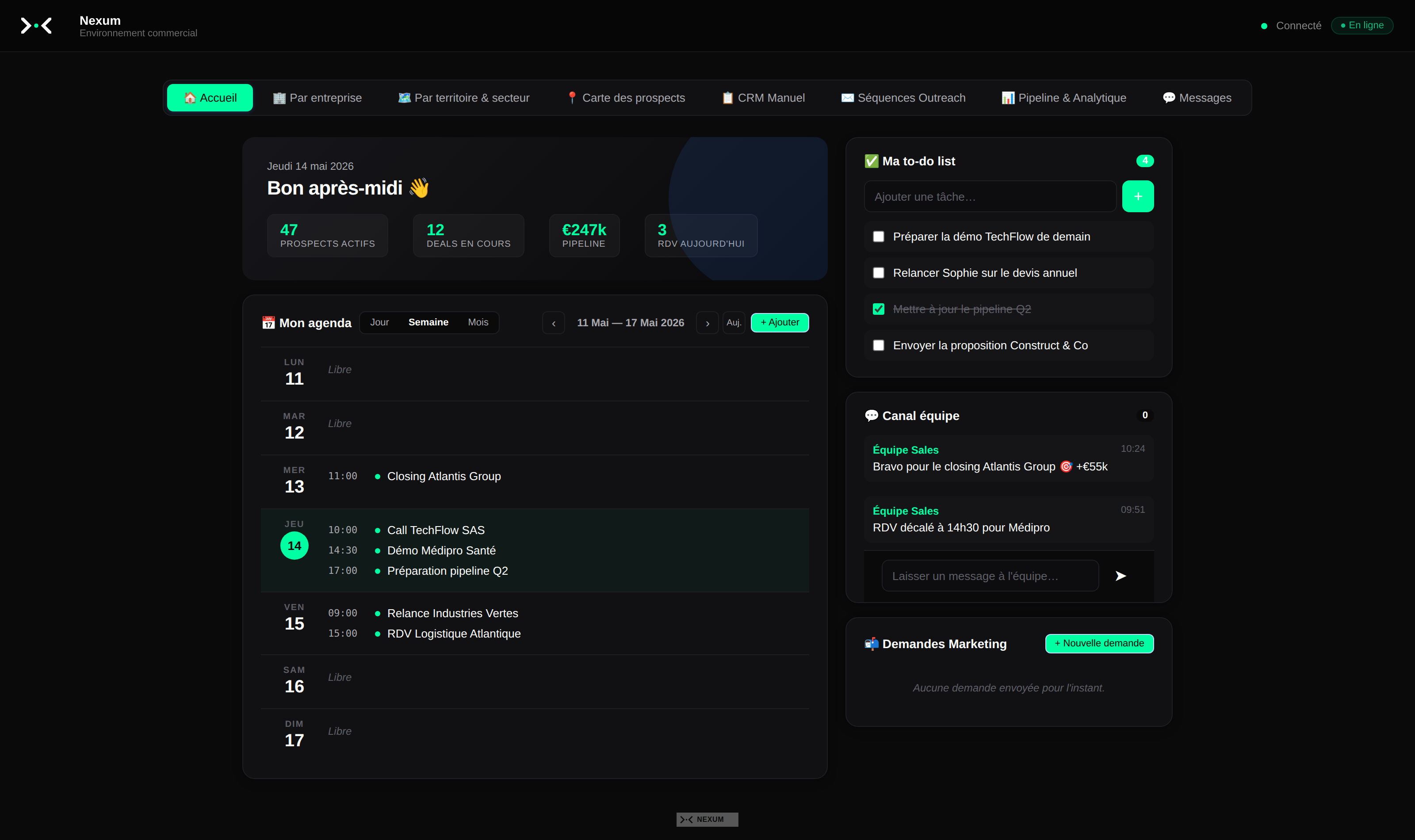Tableau de bord Nexum — accueil avec stats, agenda et to-do