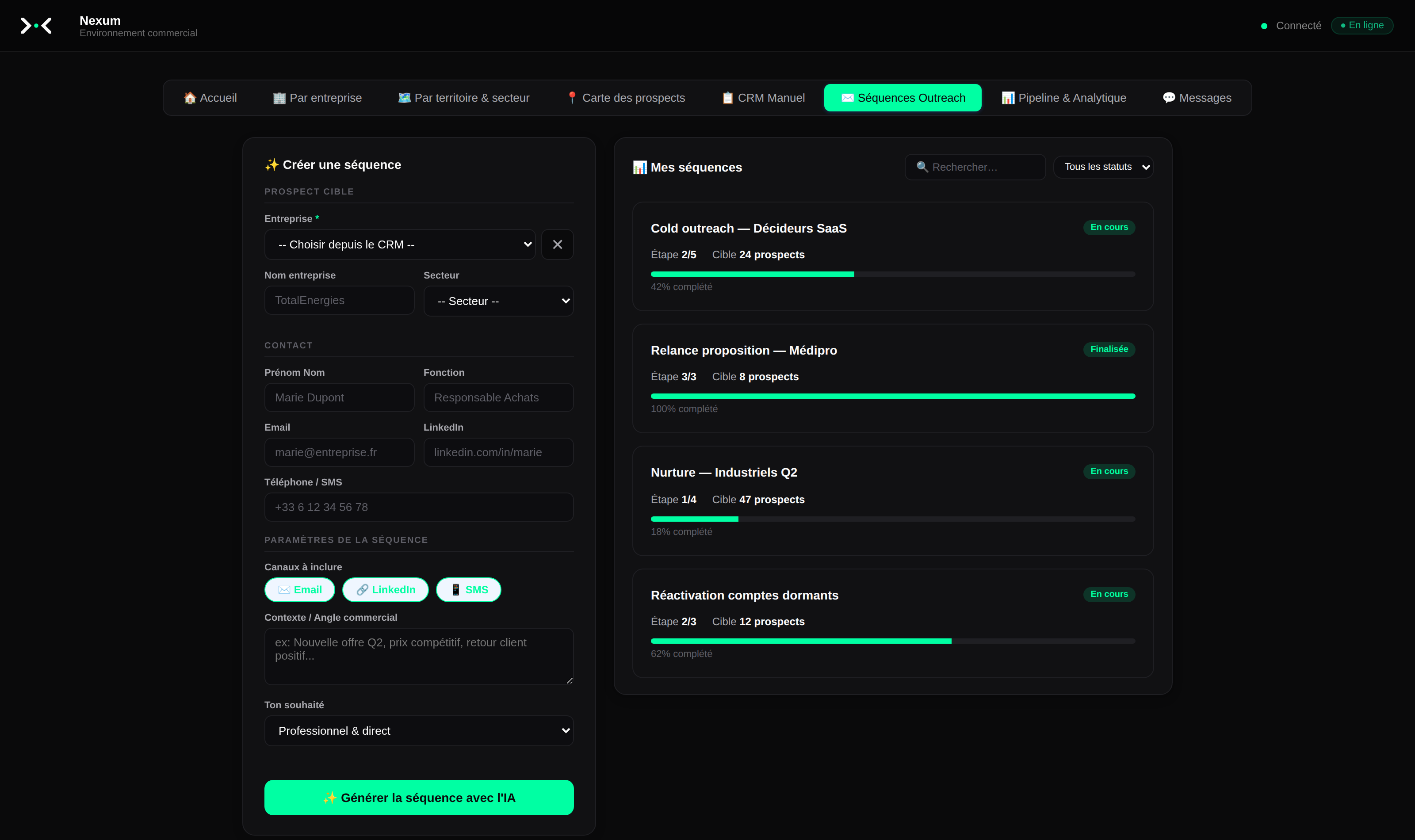 Séquences outreach Nexum — campagnes email, LinkedIn, SMS