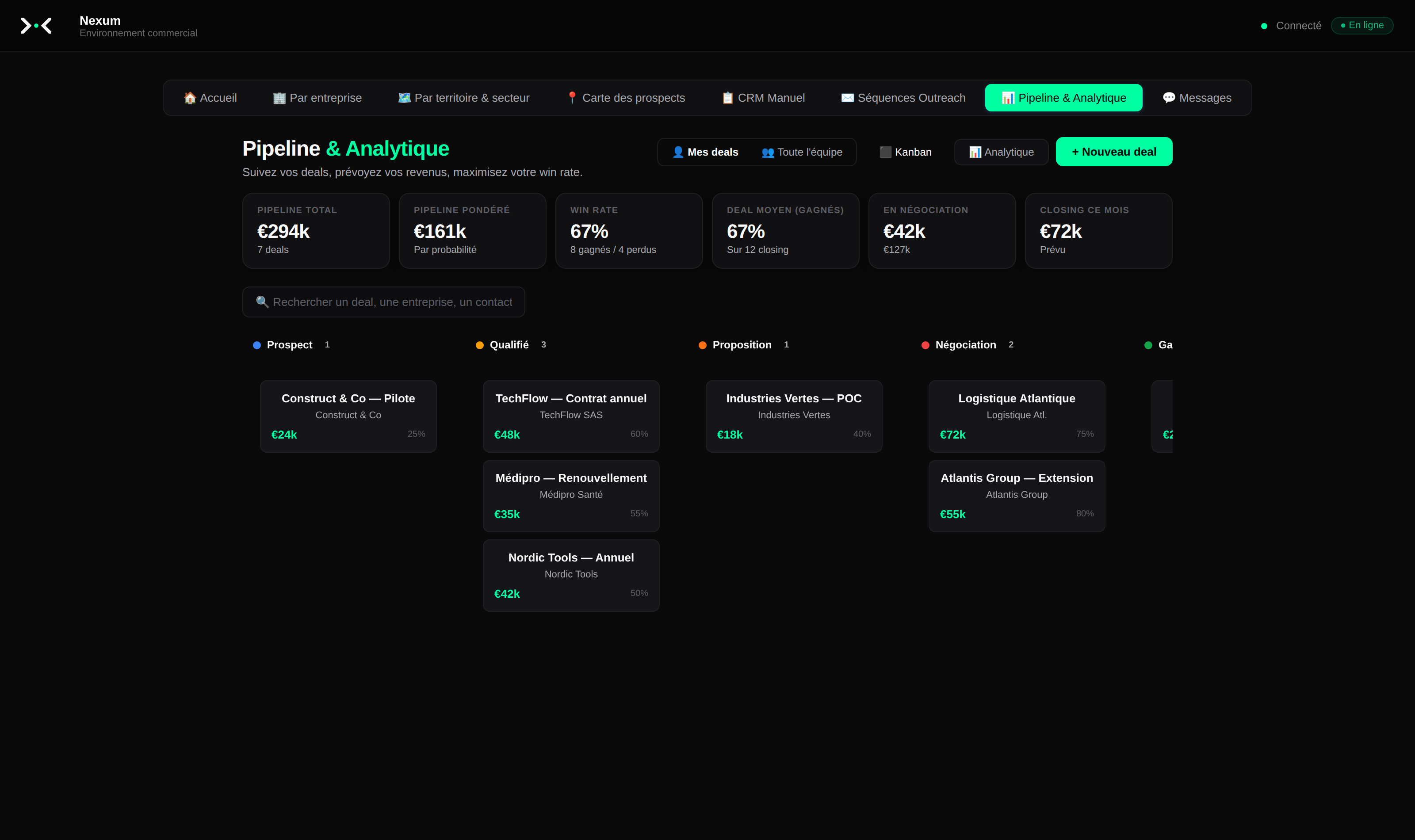 Pipeline commercial Nexum — vue kanban des deals